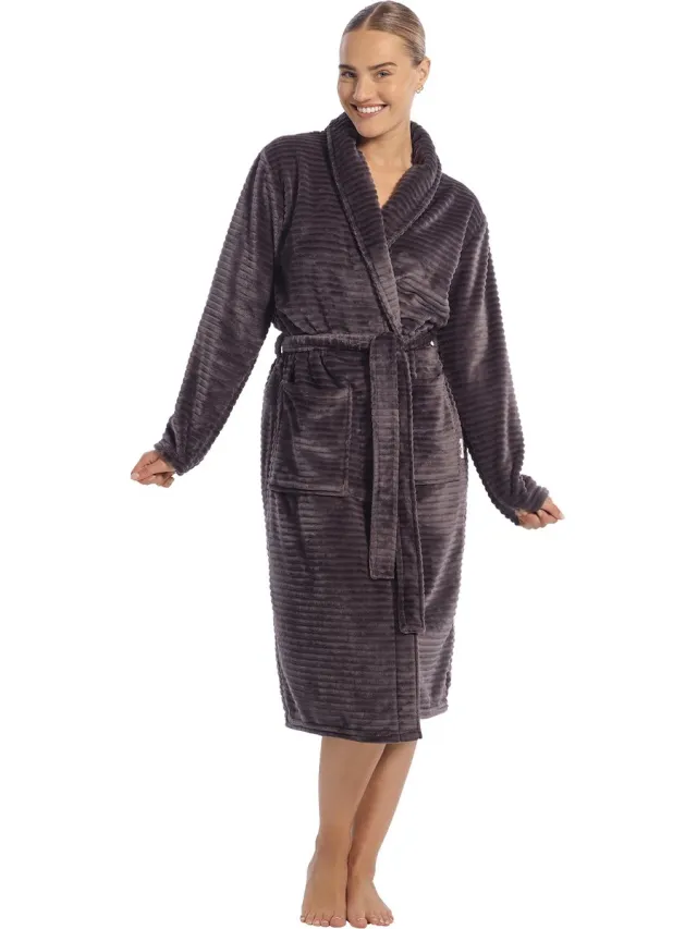 Ten Cate Badjas dames donkergrijs streepreliëf - Dames Badjas Fleece dark grey