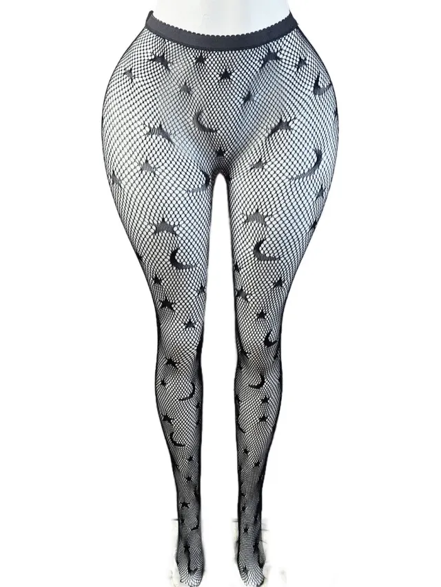 BamBella ® - Panty -Onesize - gaas maillot dunne pantys Dames - Onesize - lingerie van kant zwart gothic sterren maan
