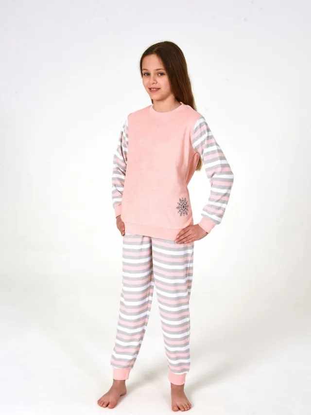 Normann Meisjespyjama, badstof pyjama met manchetten en een schattig motief - gestreepte look apricot