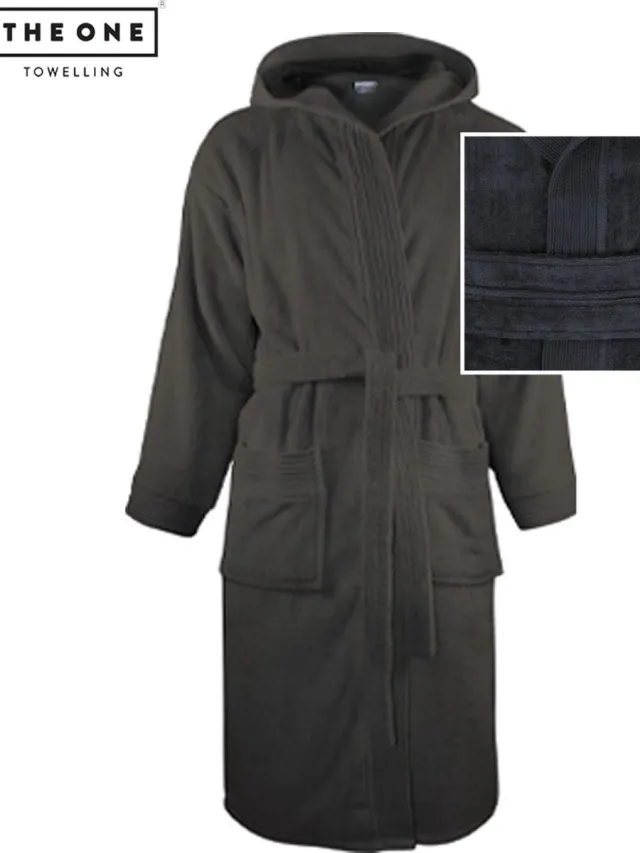 The One Towelling Velours Badjas - Badstof kamerjas met capuchon - Hoge vochtopname - 450 gr/m² - Gekamd katoen - Antraciet