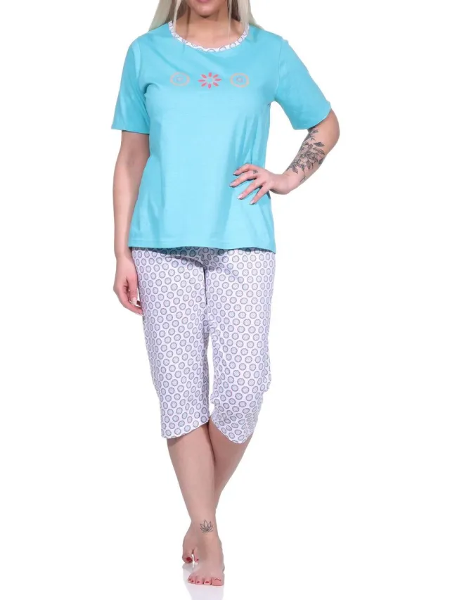 Normann Capri damespyjama, pyjama met bloemetjesmotief en capri broek - 123 204 10 153 türkis