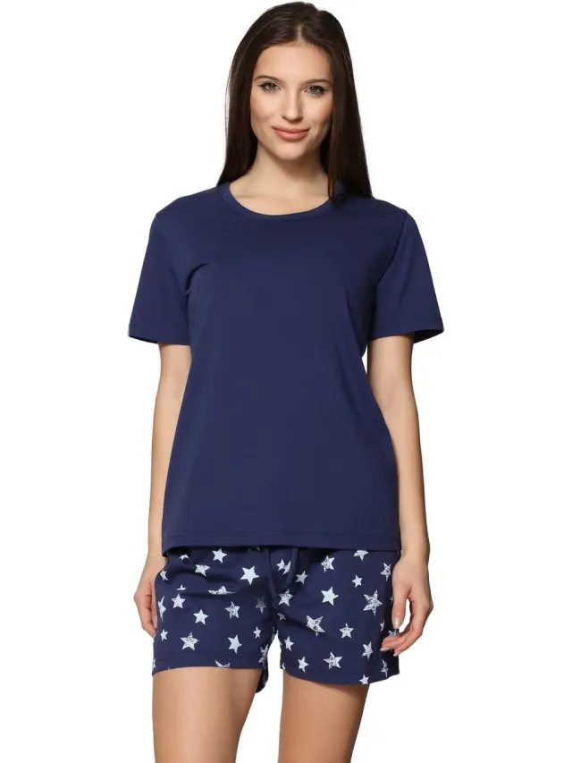 Merry Style MS-MS10-177-PJ Dames Pyjama - ronde hals - korte mouwen - korte broek zonder zakken - Katoen - Amarant/Grijs Marineblauwe sterren/blauw