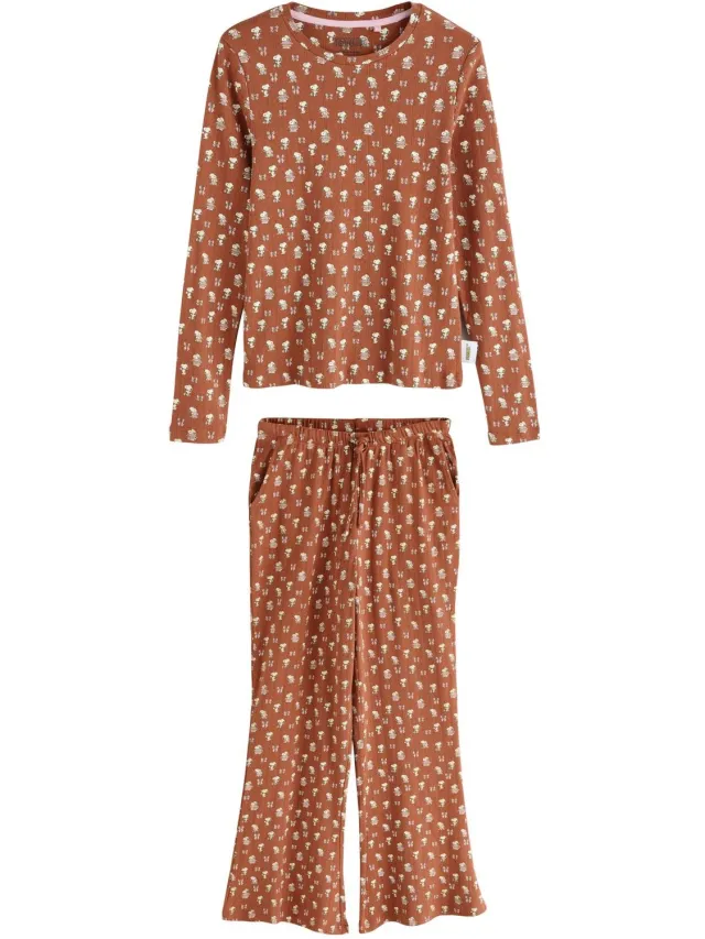 Next Dames - Ajourgebreide pyjama met lange mouwen en uitlopende pijpen - Tall - Bruin