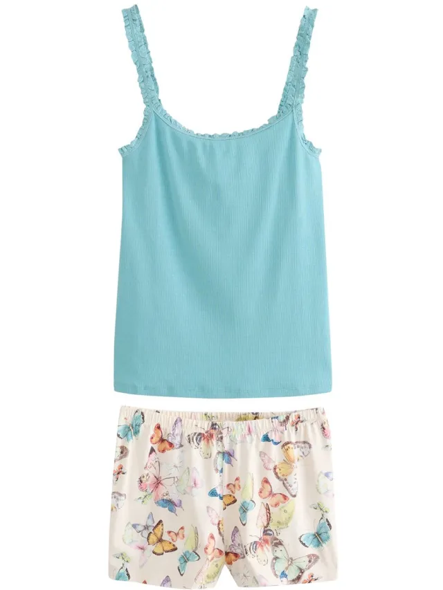 Next Dames - Korte geribbelde pyjama - Blauw Teal Blue Butterfly