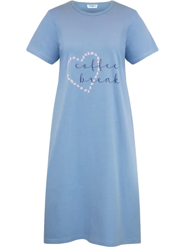 GAUBERT Essential Dames Nachthemd Korte Mouw - Premium Gekamd Katoen - Coffee Break - Baby Blauw - GB-6807 Korte Mouw, Baby Blauw, Coffee Break