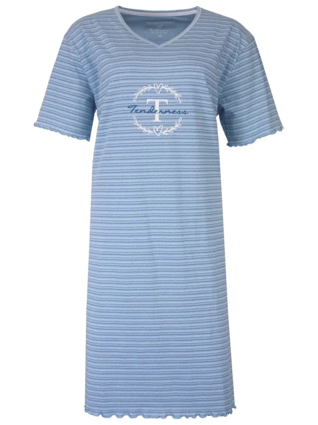 Tenderness Dames Nachthemd - Gestreept - V-hals - Licht Blauw