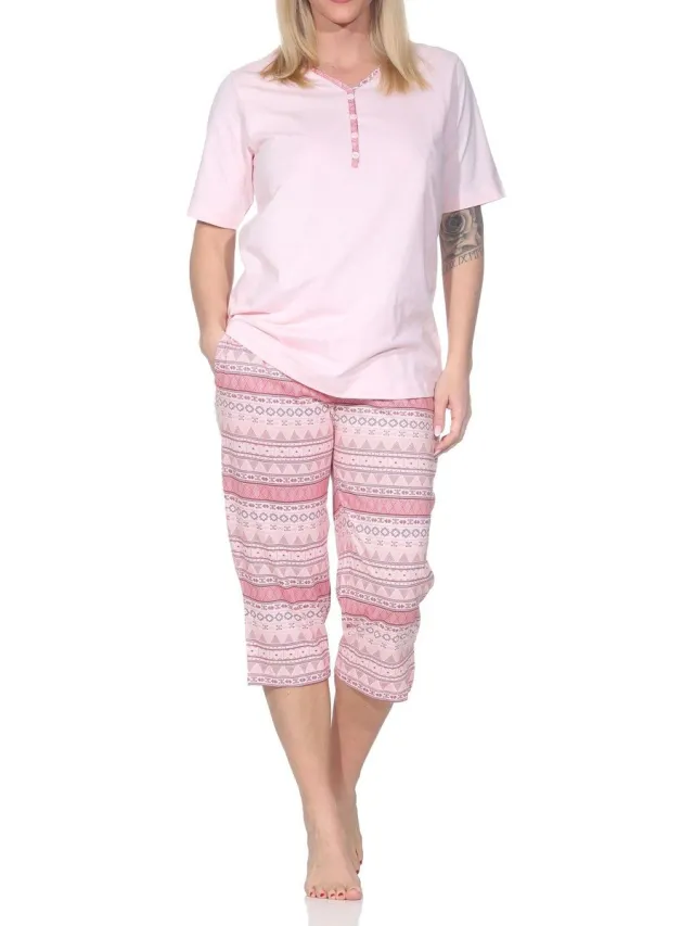 Normann dames capri pyjama met korte mouwen in Ethnolook - Ook in oversizes rosa2