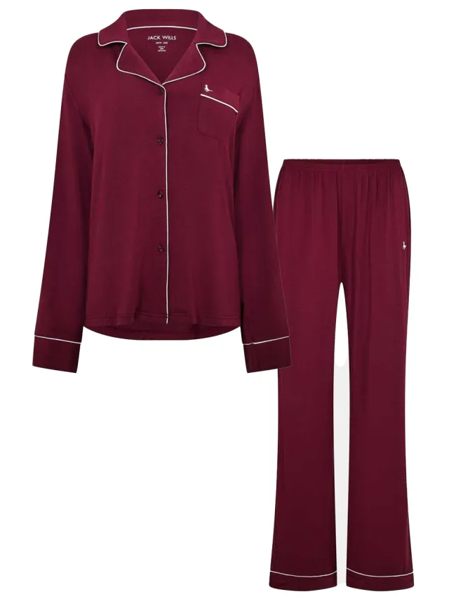 Jack Wills Lange pyjamaset met kraag voor dames (Wijn) Wijnrood