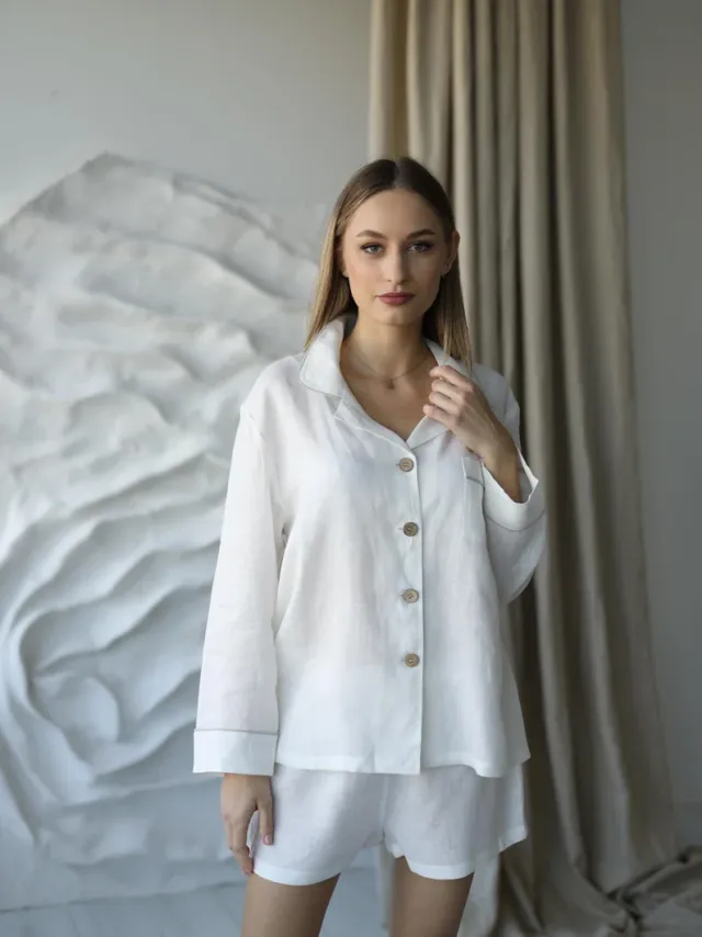 Amber Linen dames vegan Pyjamaset Met Short Serene Wit