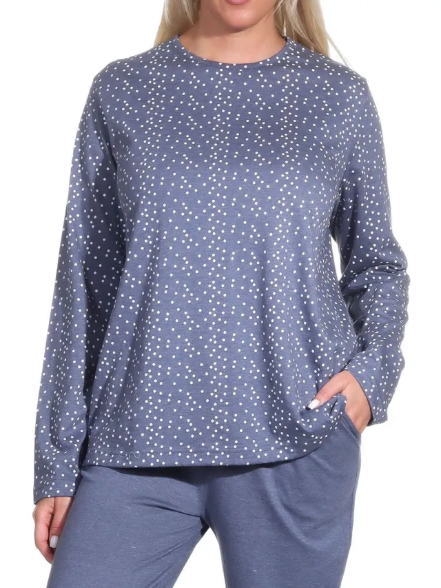 Normann Dames Pyjama Top met lange mouwen Mix & Match in Polka Dot Optics blau-melange