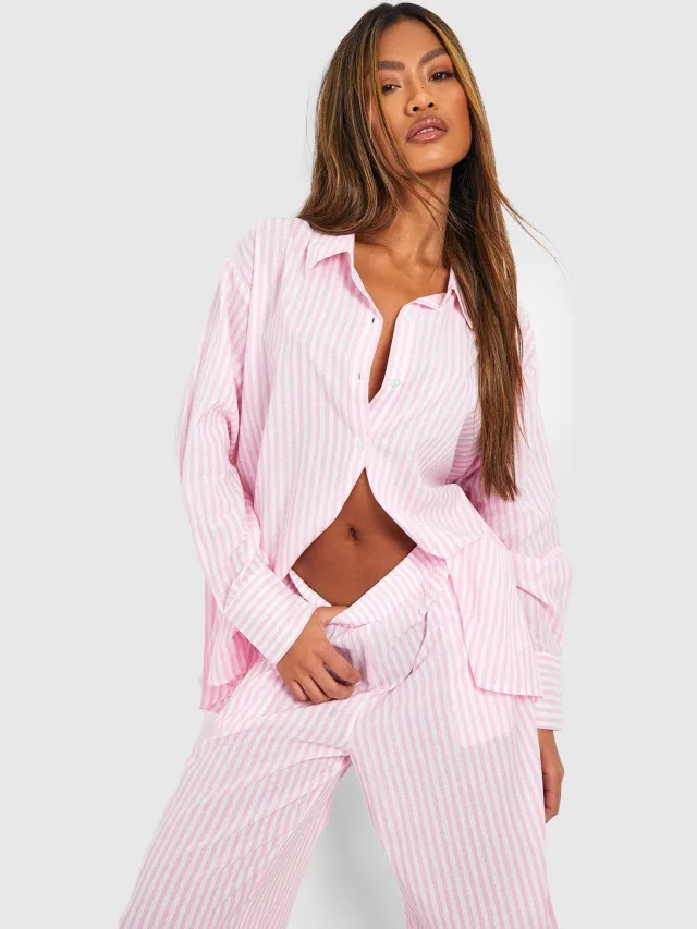 boohoo Dames Katoenen Pinstripe Oversized Pyjama Overhemd Roze