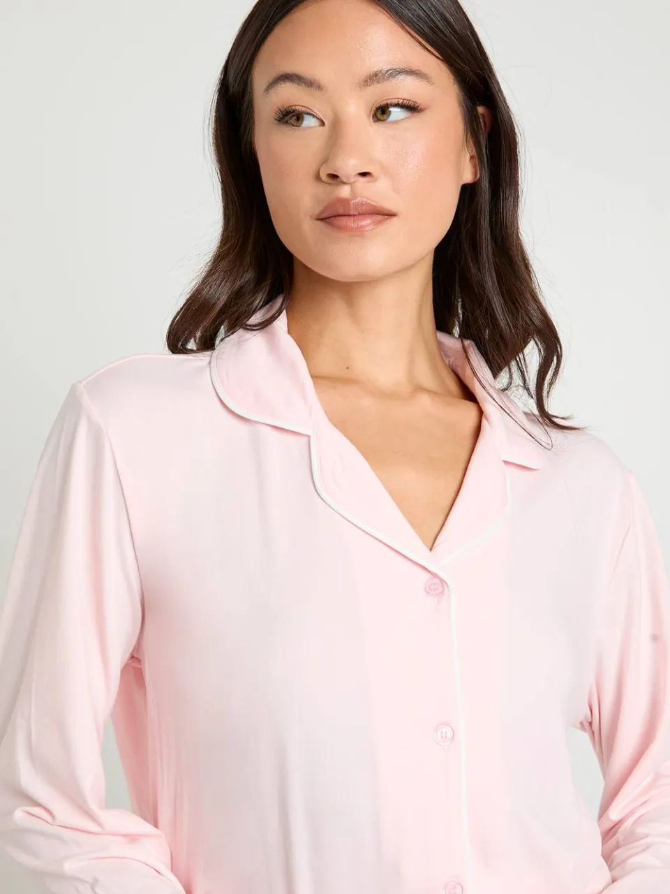 boohoo Dames Tall Jersey pyjamaset met langmouwen overhemd en broek met pijpdetails baby roze, foto 4