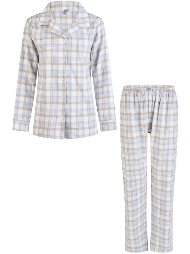 By Louise Dames Pyjama Set Flanel Lang Met Knoopsluiting Blauw/Wit Geruit