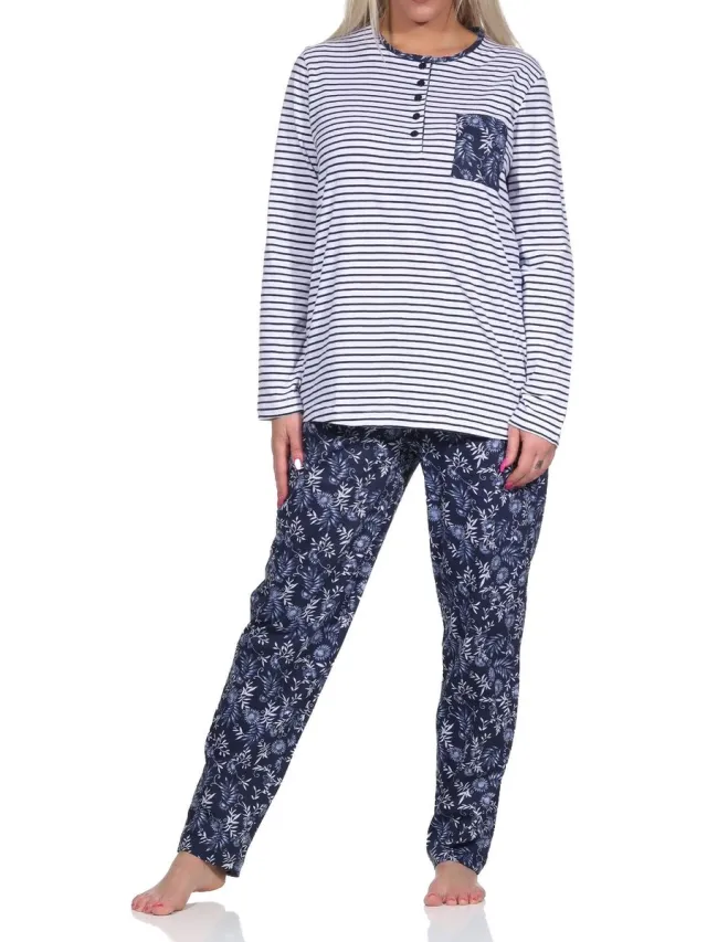 Normann dames pyjama lang, top gestreept, broek gebloemd patroon - 122 201 90 881 weiss