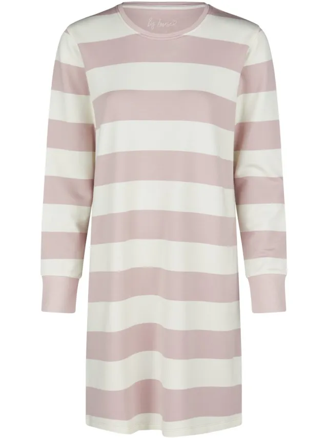 By Louise Dames Lounge Nachthemd Lange Mouw Sweatstof Roze/Wit Gestreept