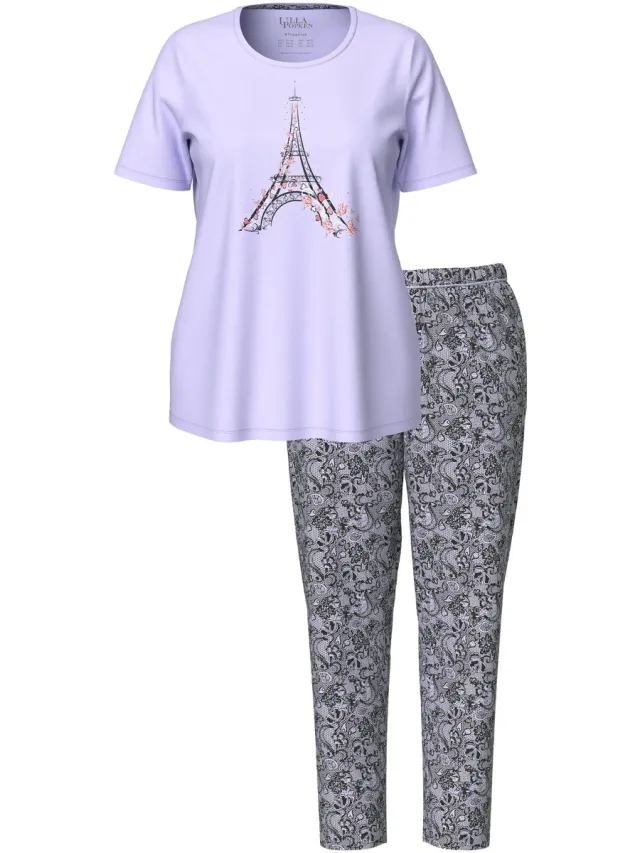Ulla Popken Dames - Pyjama Eiffeltoren siersteentjes ronde hals korte mouwen - Zachtlavendel - Maat 54+