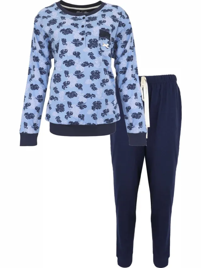 Medaillon Dames Pyjama - Katoen - Polo Sluiting - Blauw