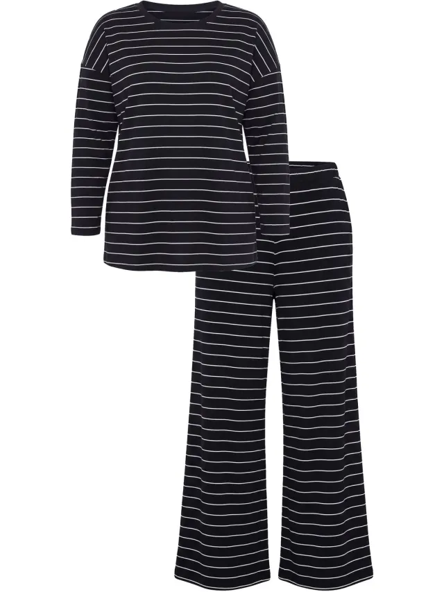 Ulla Popken Dames - Pyjama strepen ronde hals lange mouwen biologisch katoen - Zwart - Maat 42+