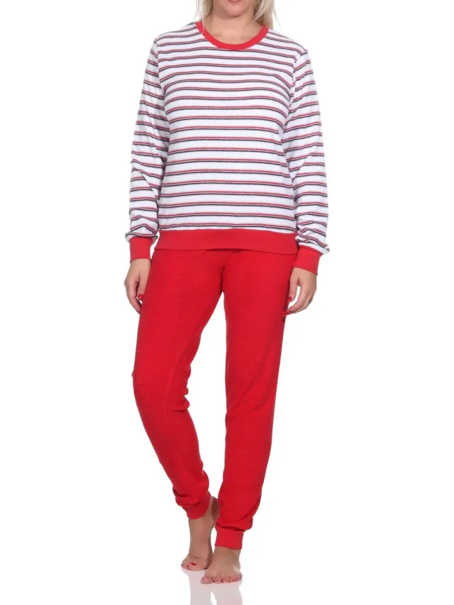 Normann Dames Badstof pyjama met lange mouwen en manchetten - blokstreep-look - ook in overmaten rot