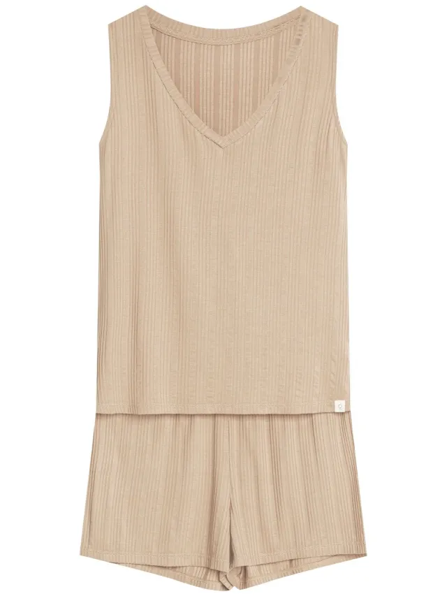 ESOTIQ Jenius 3 - Damespyjamaset - Mouwloze top - Lichtbeige