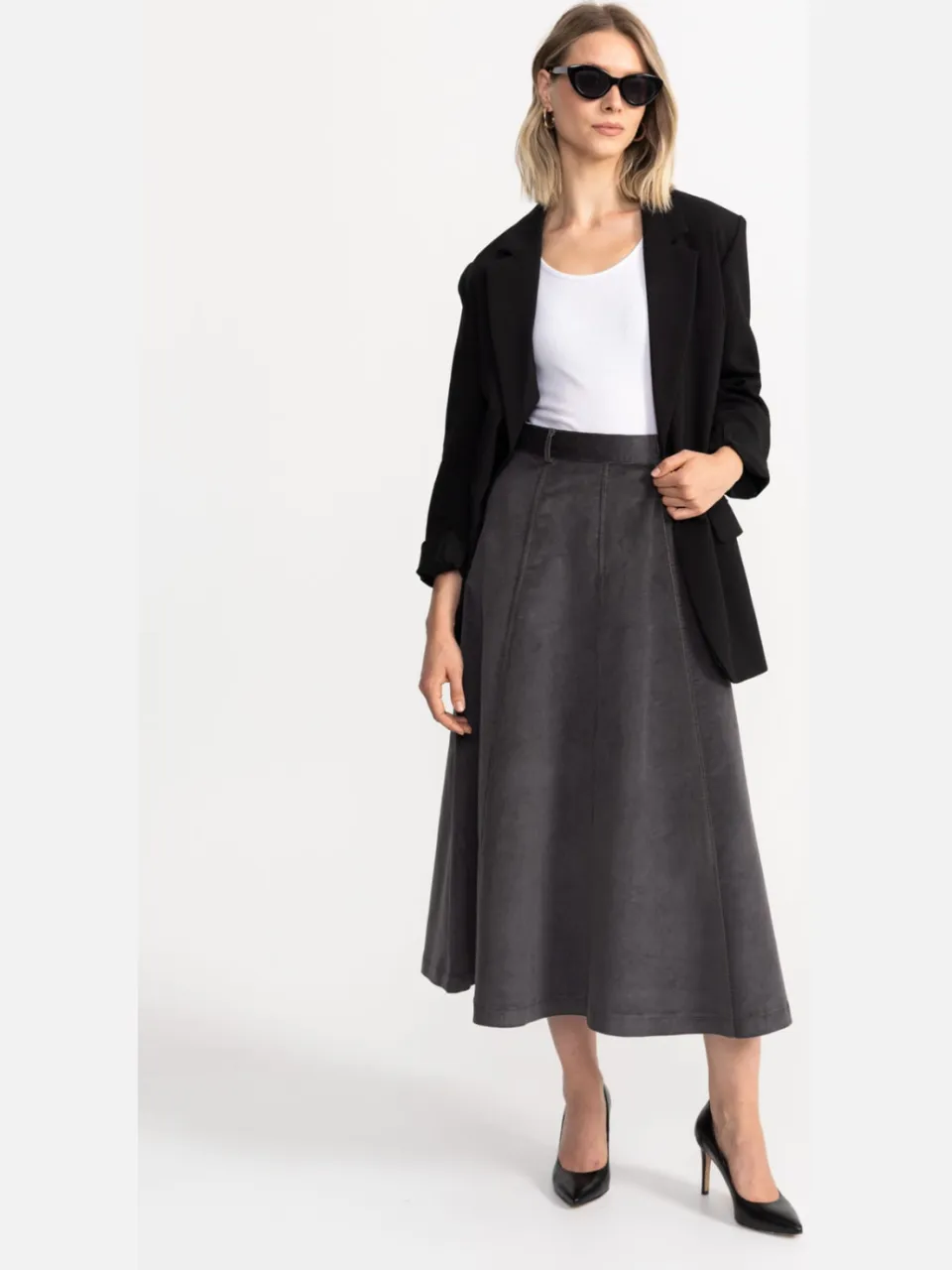 De IONESCU dames vegan Corduroy Midi Rok Dorna Lichtgrijs