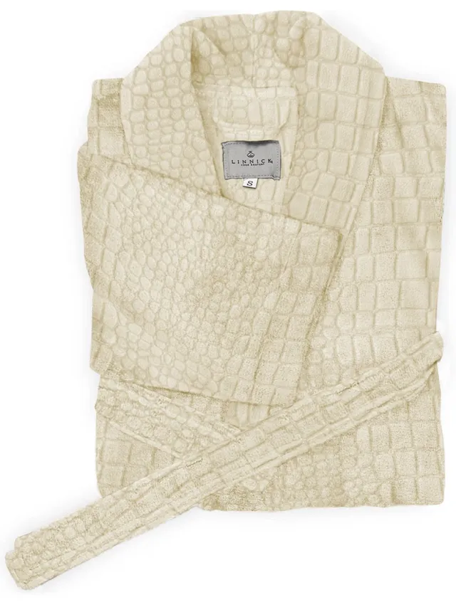 LINNICK Flanel Fleece Badjas Croco - ivory - M - Badjas Dames - Badjas Heren-uni Ivoor