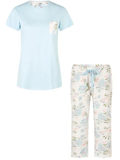By Louise Dames capri pyjama set driekwart blauw/wit gebloemd Veelkleurig