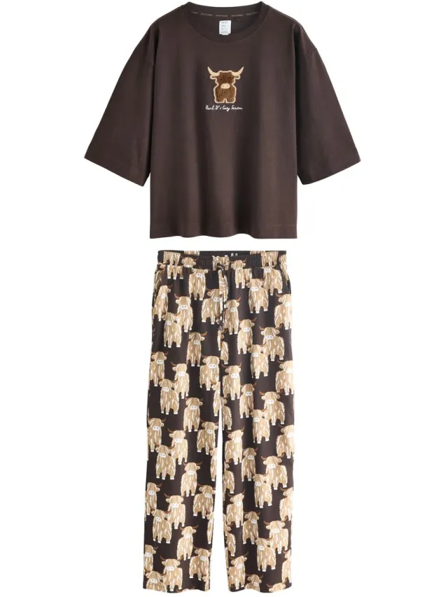 Next Dames - Pyjama met korte mouwen met jersey en katoen - Bruin Chocolate Brown Hamish The Highland Cow
