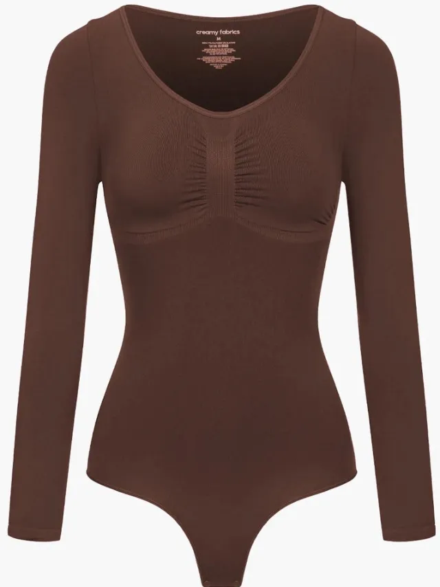 cfab Bodysuit met corrigerende werking, lange mouwen en strik, bruin