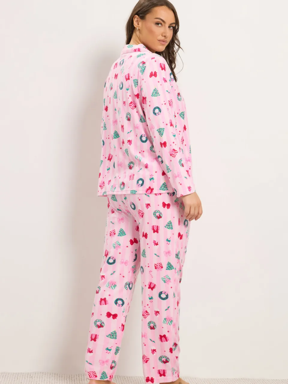 Yours Roze Gestreepte Lichtgewicht Fleece Pyjamaset Met Kerstprint-44, foto 3