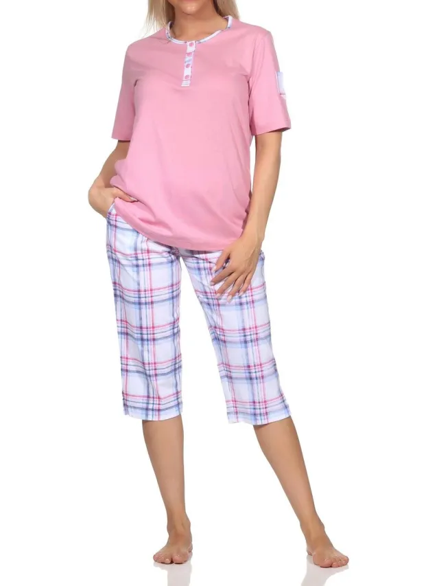 Normann damespyjama korte mouwen met geruite capri jersey pyjamabroek - ook in grote maten rosa
