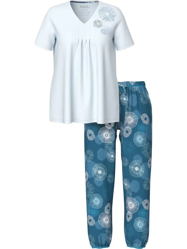 Ulla Popken Dames - Pyjama cirkels V-hals korte mouwen elastische zoom - Ijszeeblauw - Maat 50+