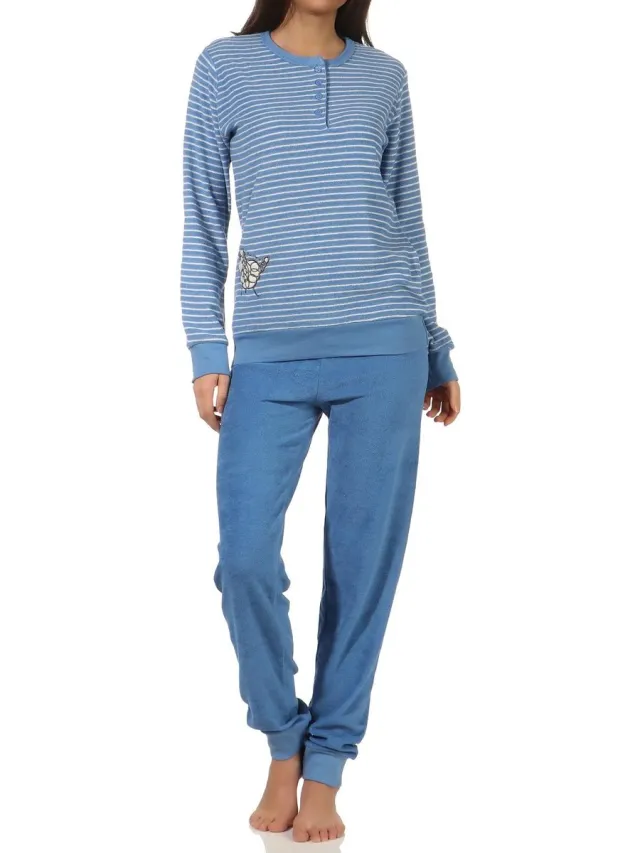 Normann Dames badstof pyjama met lange mouwen, mouwboorden en schattige applicatie - 20 201 13 112 hellblau