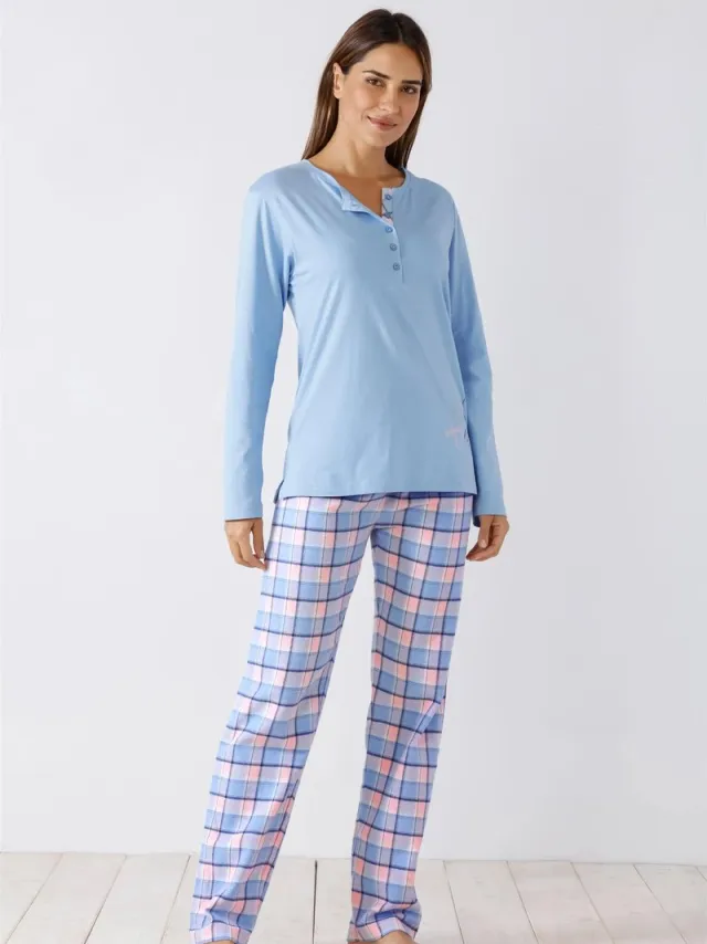 Hajo Dames Pyjama - 100% Katoen - Flanellen broek- Blauw