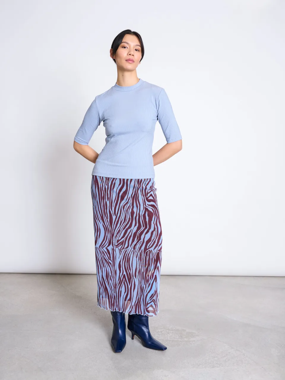 JAN N JUNE dames vegan Maxirok Smuk Blauw Zebraprint Donkerbruin