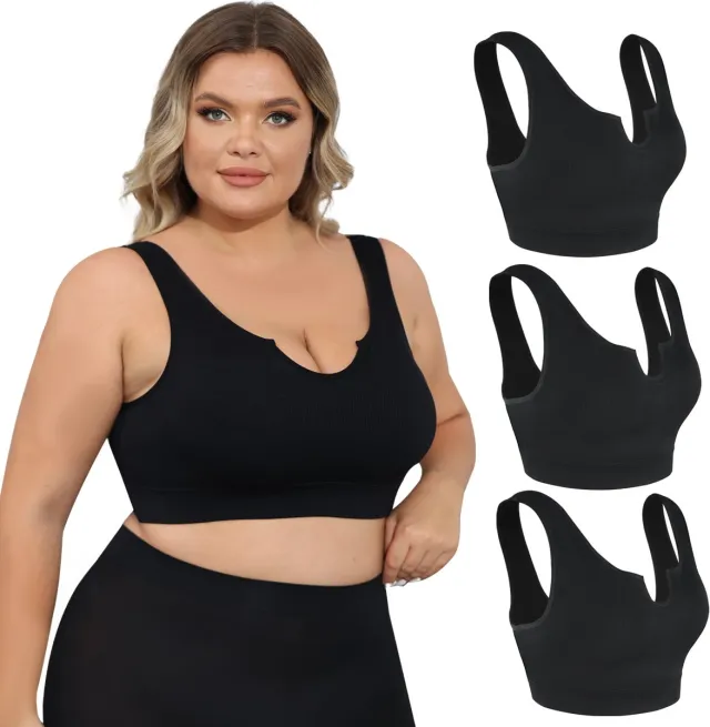 Meethoo 3 -stuk Beha voor dames in grote maten - BH zonder beugel - Met uitneembare bh vulling - Extra comfortabele Sport BH - Beugelloze bh - met push up - Magic bra-Zwart-XL