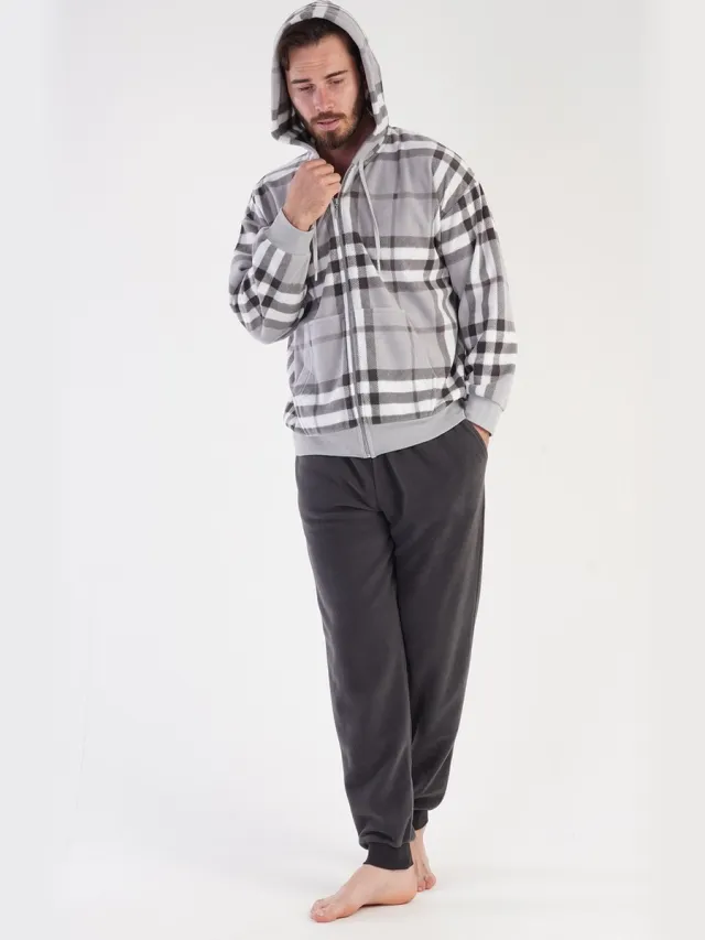 Vienetta Fleece Heren Pyjama Set, Lange Mouwen Grijs