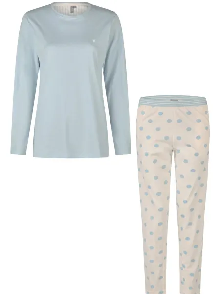 By Louise Dames pyjama set lang lichtblauw gestipt ecru, foto 2