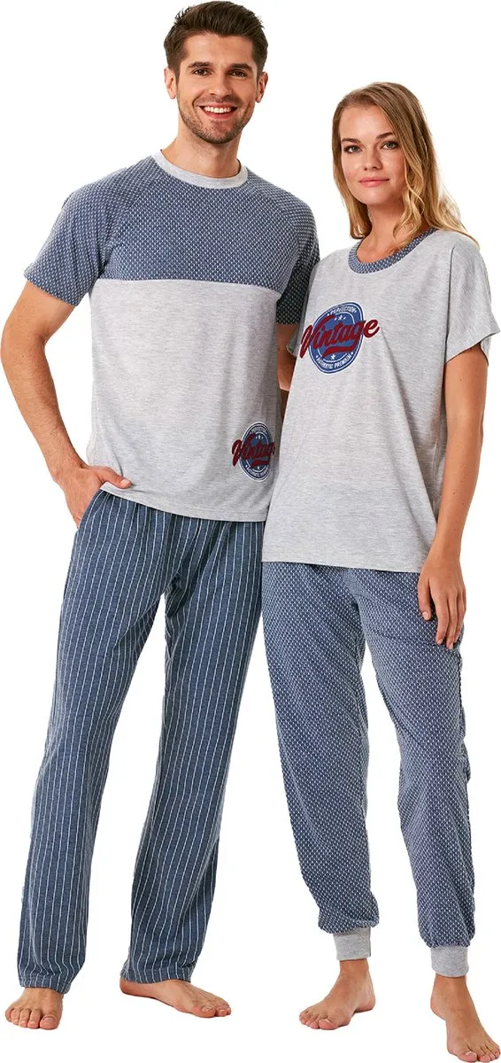 Feyza Bijpassende Pyjamas Voor Koppels, Korte Mouwen, Dames, Blauw
