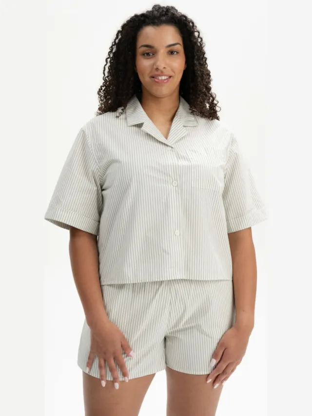 MELA dames vegan Pyjamashirt Hansika Gestreept Tijmgroen Naturel Wit Lichtgroen