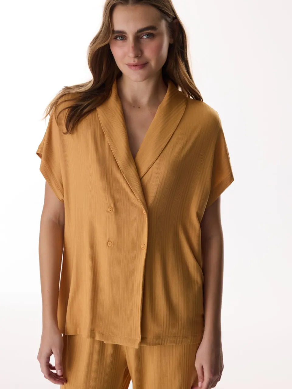 Penti Kaneel Margot Geribde Korte Mouwen Broek Pyjama Set geel, foto 2