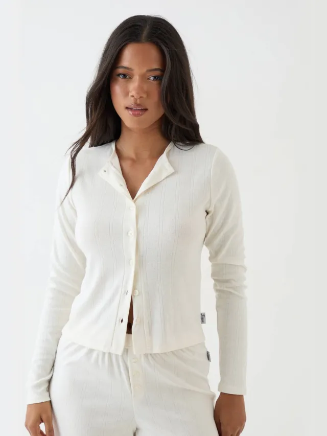 Dames Dsgn Studio Pointelle Top Met Knoopsluiting En Lange Mouwen crème, foto 3