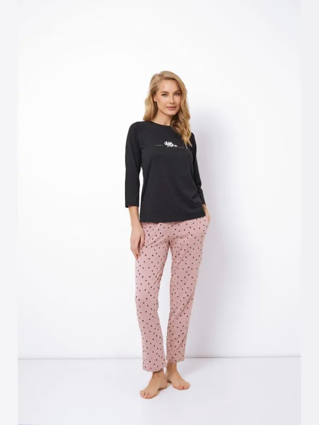 Aruelle Warme dames pyjama Dionella-top met print-broek met hartjes-katoen & modal-donkergrijs-roze