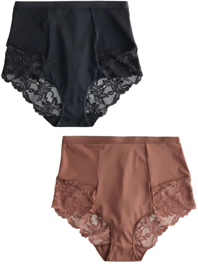 Next Dames - Set van 2 buikcorrigerende, licht vormgevende slips met hoge taille - Zwart Black/Chocolate Nude