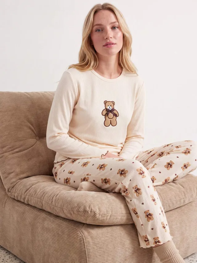 Trendyol TRENDYOLMİLLA Dames 2-pack Ecru Animal print Lang, Regular fit Pyjama- Sets