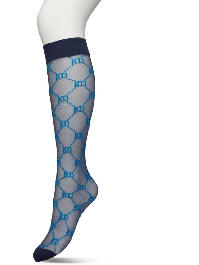 Bonnie Doon Dames Geruite Panty Kniekousen Donker Blauw - Knie Kousen 20 denier - Ruitjes - Ruiten - Print - Uitstekend draagcomfort - Bonnie Doon Knee High - Kniesokken - Zakt niet af - OEKO-TEX - Navy - BP221801.102