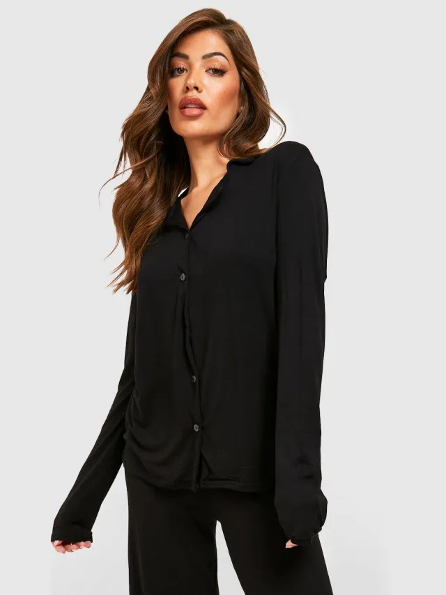 boohoo Dames Jersey met lange mouwen en knoop-overhemd pyjama shirt zwart, foto 2