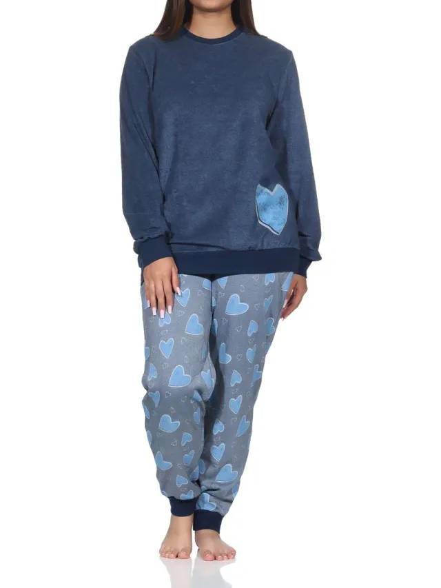 Normann dames badstof pyjama lange mouw met manchetten in hartjeslook - ook in oversize marine