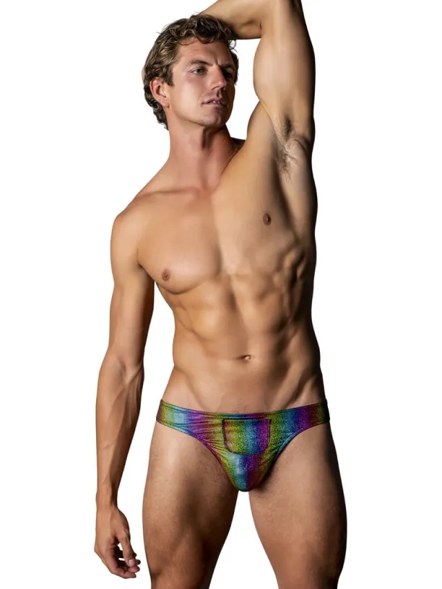 Male Power Tanga met Voorzak en Kobalt Cockring - Regenboog