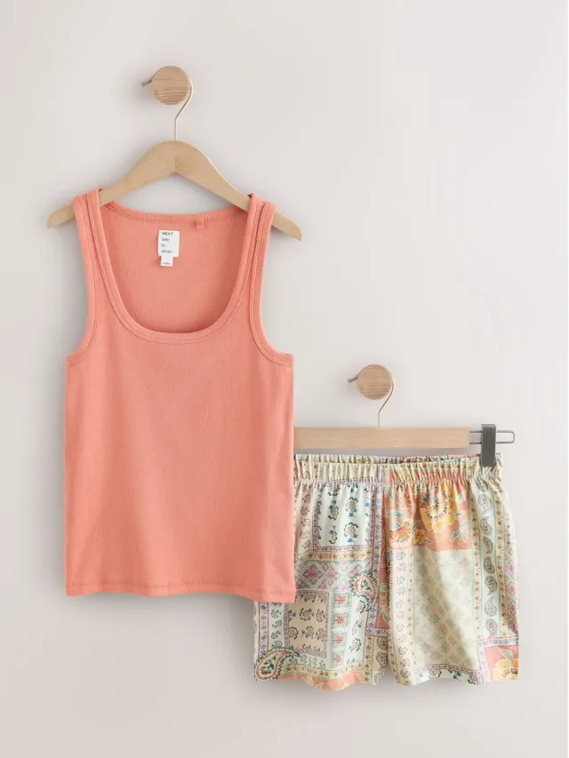 Next Dames - Korte geribbelde pyjama - Oranje Orange Paisley